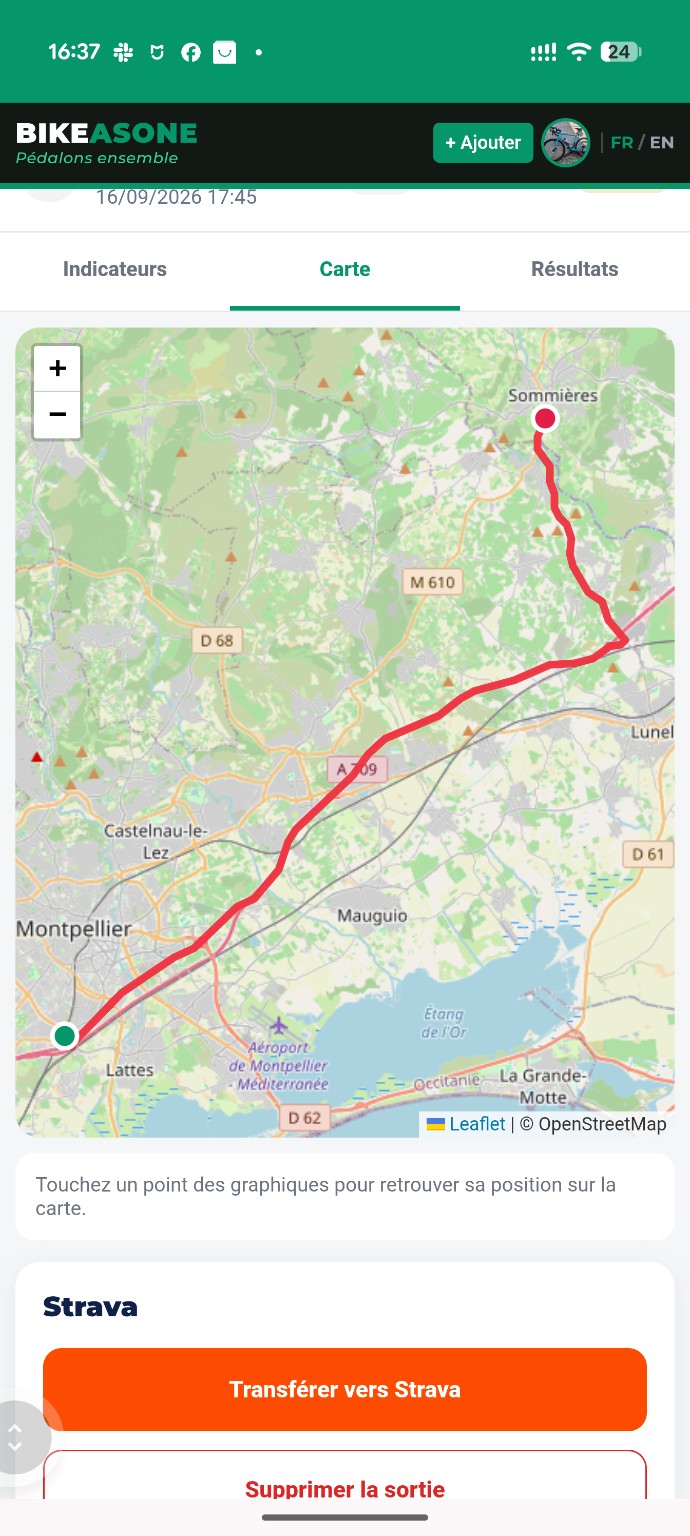 Trace GPS d'une sortie sur la carte BikeAsOne