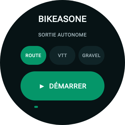 Écran BikeAsOne Wear OS pour démarrer une sortie autonome